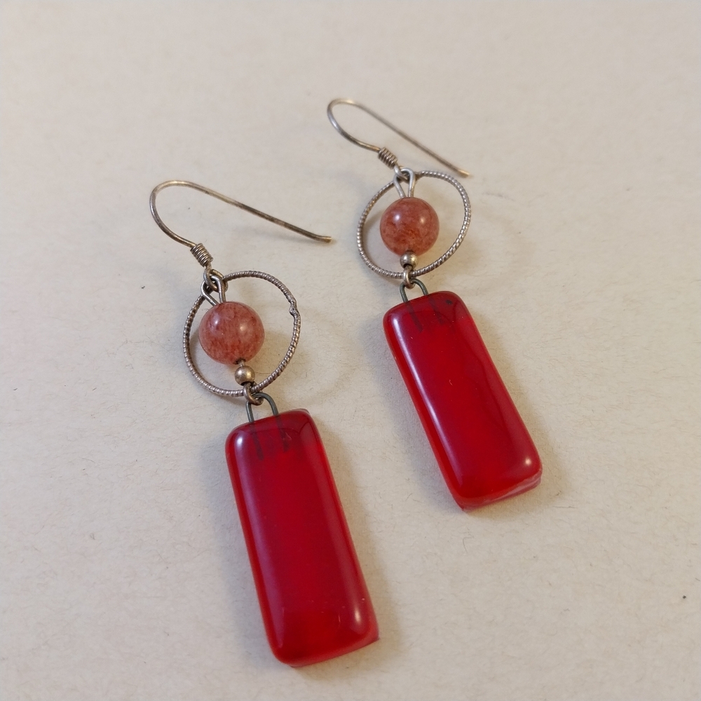 Sterling Silver Red Dangle Earrings - Picture 7 of 14